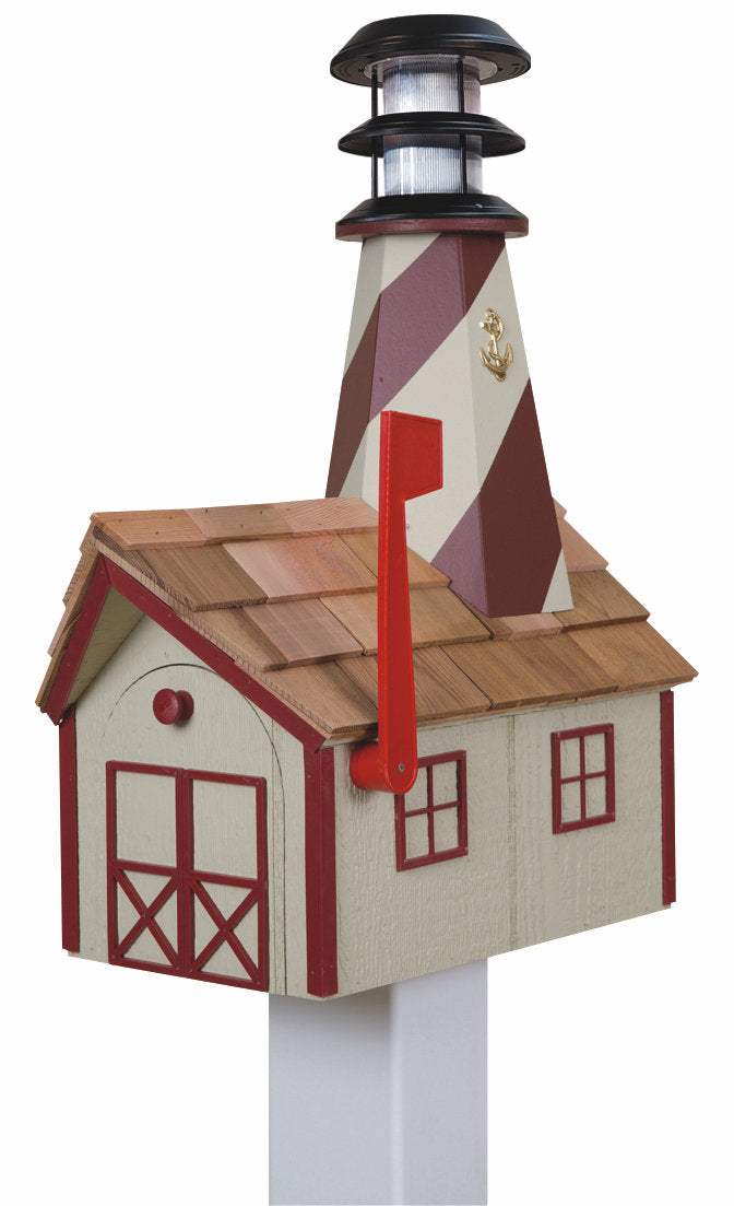 Beige and Red Wooden Lighthouse Mailbox with Cedar Roof