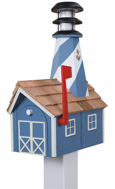 Country Blue and White Wooden Lighthouse Mailbox with Cedar Roof
