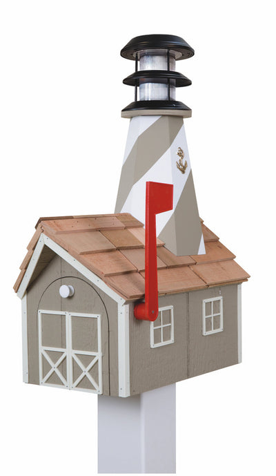 Clay and White Wooden Lighthouse Mailbox with Cedar Roof