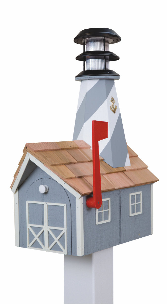 Light Gray and White Wooden Lighthouse Mailbox with Cedar Roof