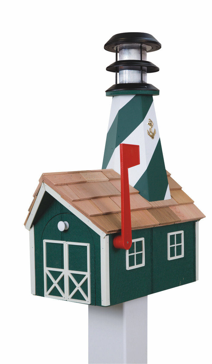 Green and White Wooden Lighthouse Mailbox with Cedar Roof