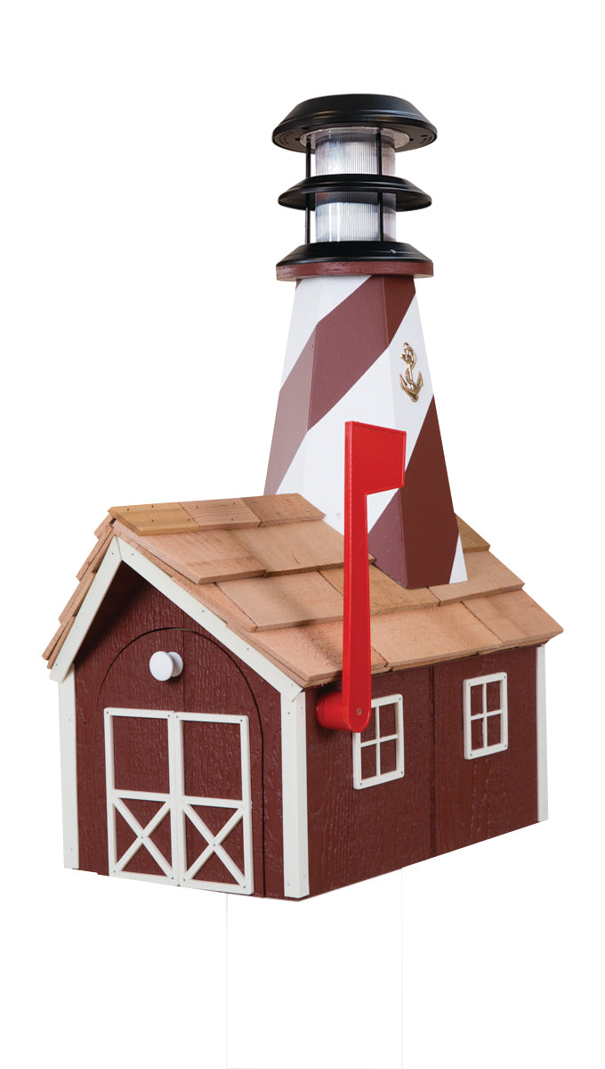 Red and White Wooden Lighthouse Mailbox with Cedar Roof