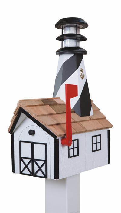 White and Black Wooden Lighthouse Mailbox with Cedar Roof