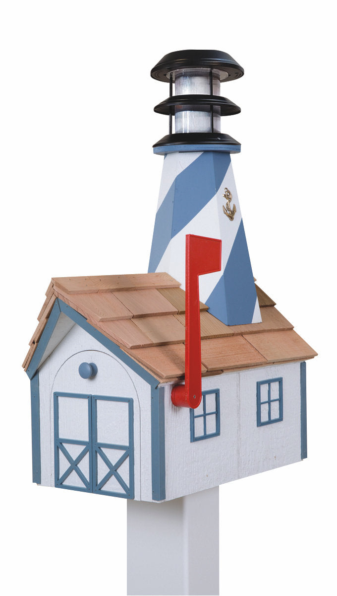 White and Country Blue Wooden Lighthouse Mailbox with Cedar Roof