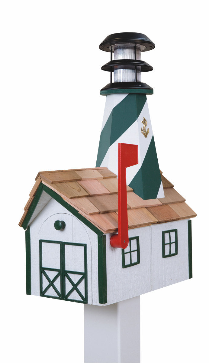 White and Green Wooden Lighthouse Mailbox with Cedar Roof