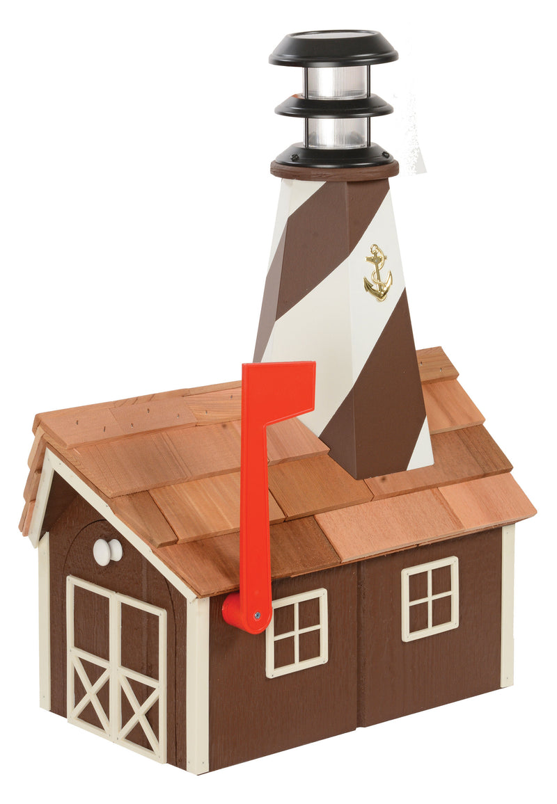 Brown and White Wooden Lighthouse Mailbox with Cedar Roof