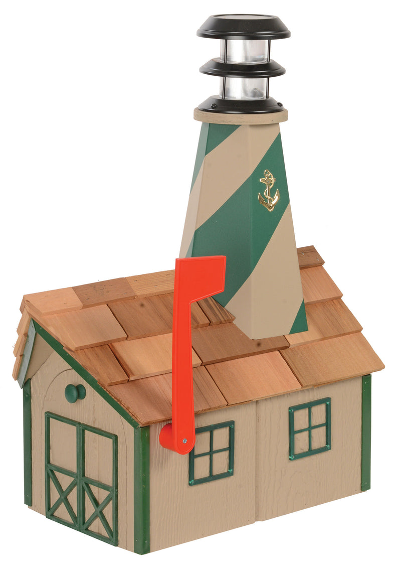 Clay and Green Wooden Lighthouse Mailbox with Cedar Roof