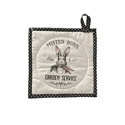"Mr. Bun's Garden Service, Hop to It" with black with white polka dot boarder.