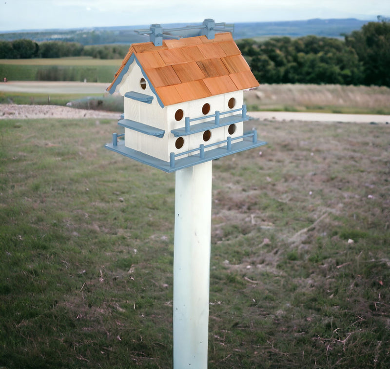 White with Blue Trim Wooden Martin Birdhouse on a pole
