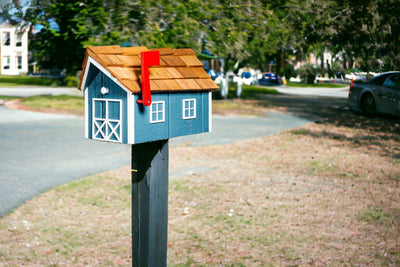 Blue Wooden Mailbox with Cedar Roof