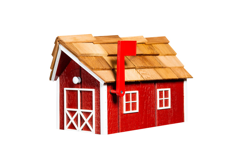 Cardinal red and white wooden mailbox with cedar roof