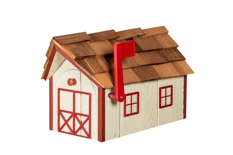 Ivory and cherrywood wooden mailbox with cedar roof