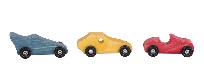 Set of three painted Amish Made Wooden Cars