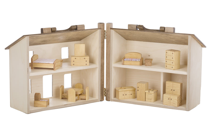 Amish Made Wooden Folding Doll House that comes with Wooden Furniture