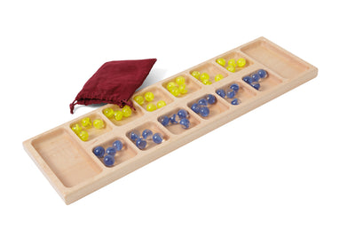 Wooden Mancala Game with blue and yellow marbles