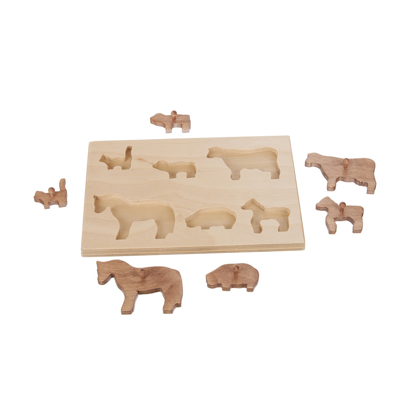 Natural Wood Puzzle Board with Harvest Stained Farm Animal Pieces