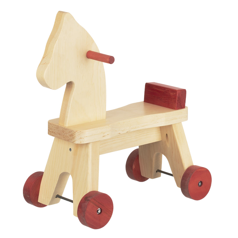 Wooden Riding Horse  with Red Paint and Maple Stain