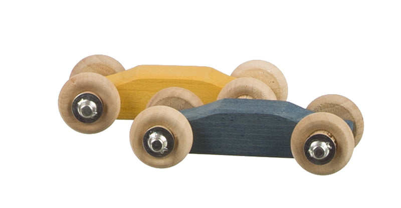 Set of 2 wooden Switchback Cars. One yellow, one grey.