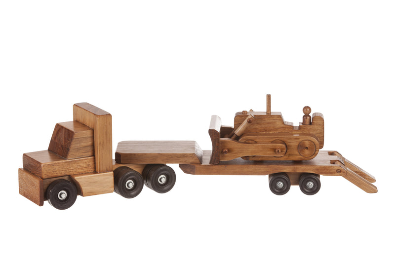Harvest Stained Wooden Low Boy Truck with Bulldozer Toy