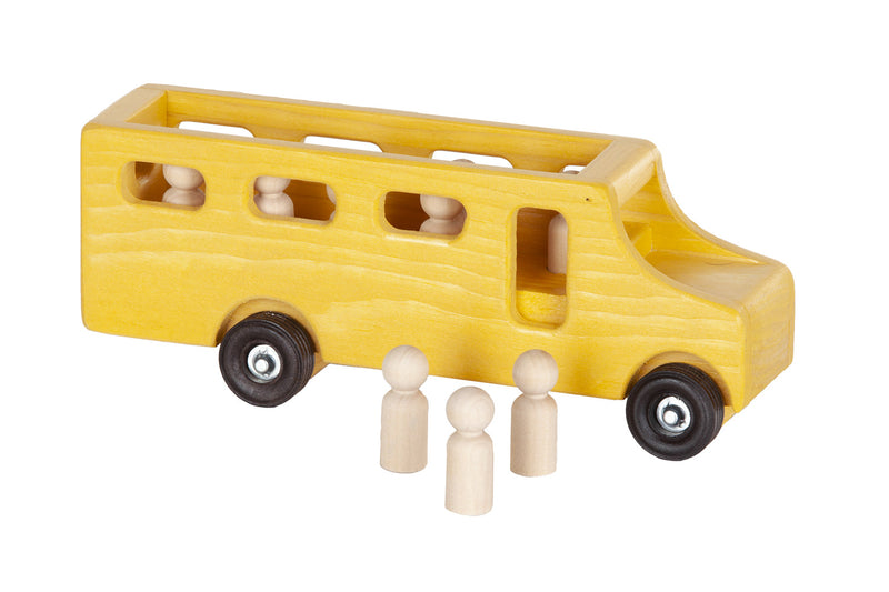 Handmade wooden bus toy crafted from solid pine wood with child-safe, non-toxic finish. Durable and long-lasting.