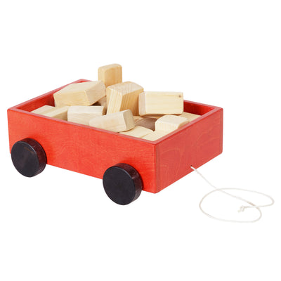 Red Wooden Wagon with wooden blocks and pull string.