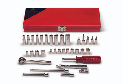 1/4" Drive 35 Piece Set: 6  and 12 Pt Std & Deep Sockets , 8 Pt St Sockets 1/4"-1/2", Ratchet, Flex Handle, Spinner, 2", 4", 6" Ext, Univ