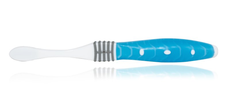 The blue Super Grip Youth Toothbrush side view closeup of the superior Super Grip design.