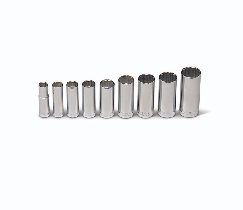 3/8" Drive 9 Piece Set - 12 Point Deep Sockets, 3/8" - 7/8"