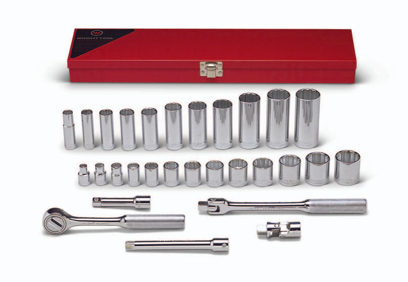 3/8" Drive 29 Piece Metal Boxed Set - 12 Point Standard & Deep Sockets, 3/8" - 1", Ratchet, Flex Handle, 3", 6" Extensions, Universal