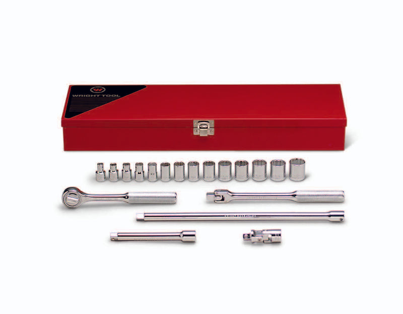 3/8" Drive 19 Piece Metal Boxed Set - 6 & 12 Point Standard Metric Sockets, 6mm - 19mm, Ratchet, Flex Handle, 3", 12" Extensions, Universal
