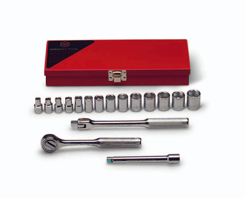 3/8" Drive 17 Piece Metal Boxed Set - 6 Point Standard Metric Sockets, 6mm - 19mm, Ratchet, Flex Handle, 6" Extension