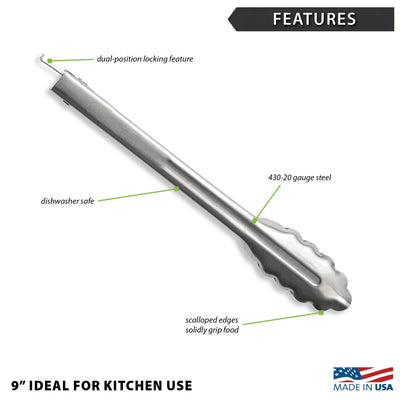 Dimensions for the  9 inch Rada Heavy-Duty Tongs