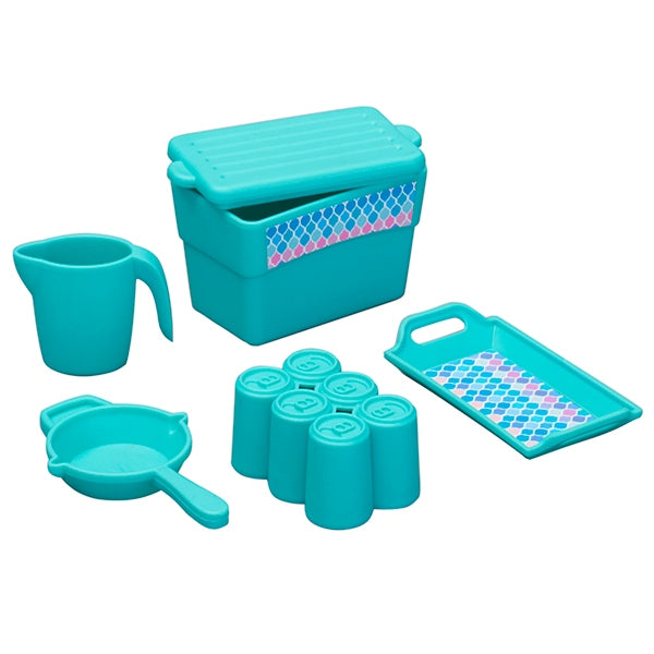 This Grill and Patio Play Set also includes a cooler with lid, a 6-pack of soda, a serving tray, a pitcher, and a frying pan.