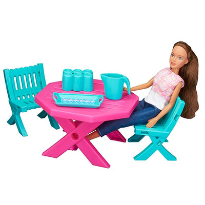 12 Piece Fashion Doll Patio and Grill Play Set includes the table, chairs and serving items. 