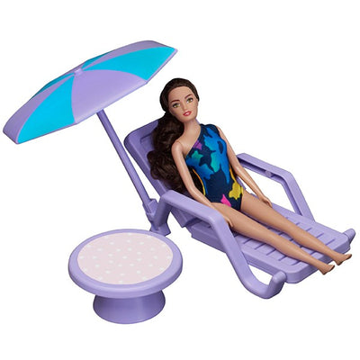 Each set also comes with two lounge chairs, an umbrella, and a side table. Dolls not included.