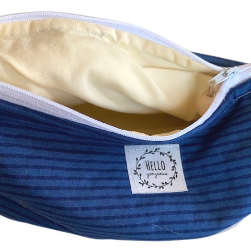 Blue and Black Striped Makeup Bag showing inside