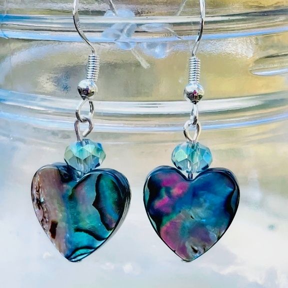 Abalone Shell Heart Earrings on sterling silver ear wires.