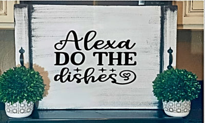 Flat Stove Top Cover Noodle Board - Alexa Do the Dishes design on a white distressed board.
