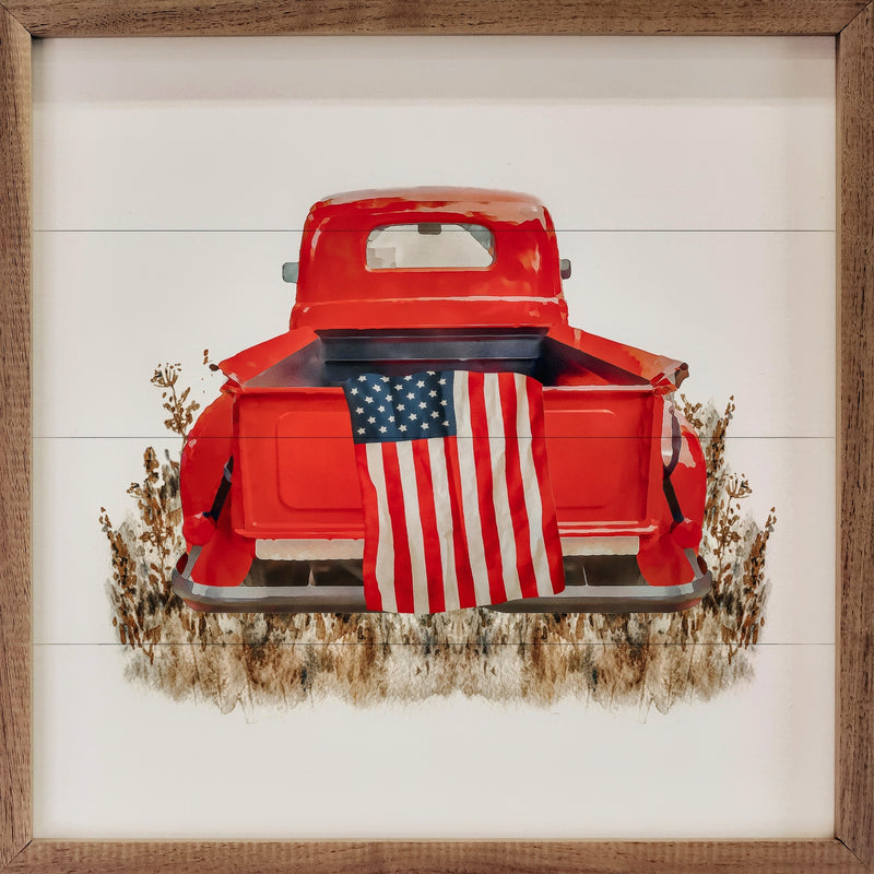 Framed American Flag In Red Truck Plaque