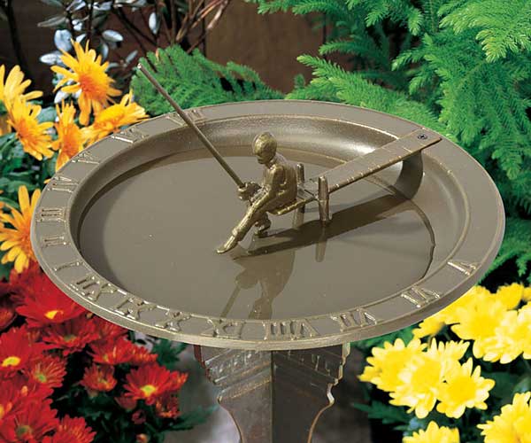 Fishing Boy Sundial Bird Bath in French Bronze Aluminum