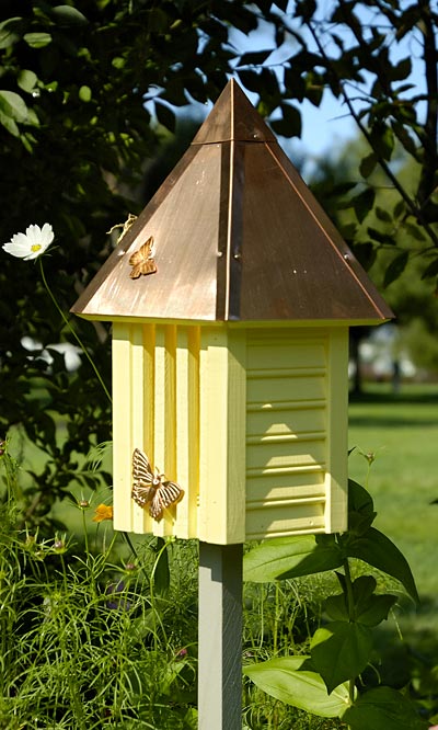 Flutterbye Yellow Butterfly House with Solid Copper Roof & Mounting Pole