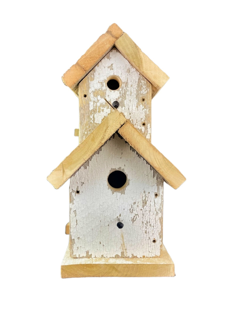 The wood used to make this rustic, Two-Story white wooden birdhouse was upcycled from an old Amish barn.