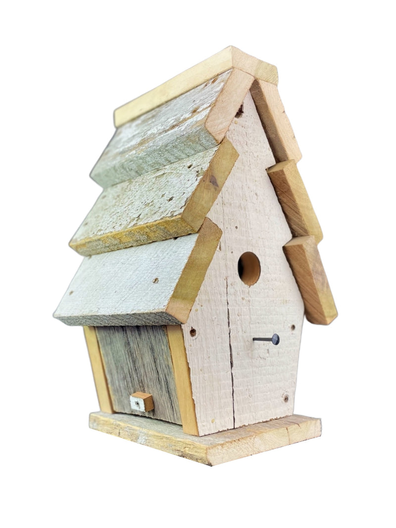 The wood used to make this rustic, white wooden birdhouse was upcycled from an old Amish barn. Pyramid type roofing. 