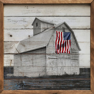 Framed Black and White Barn with the American Flag