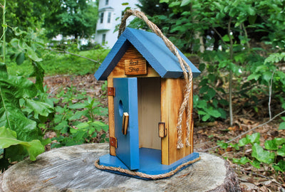 Blue Single Outhouse Birdhouse with the door open