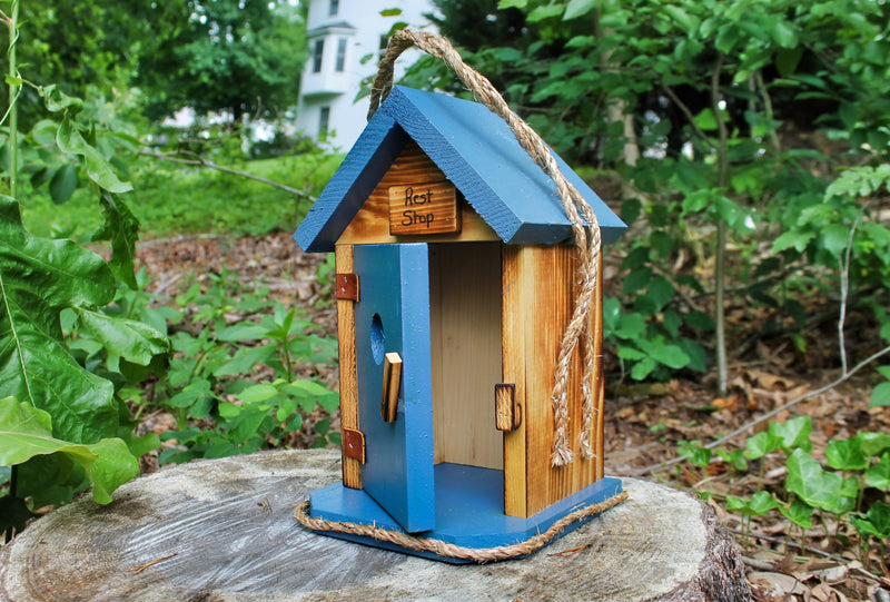 Blue Single Outhouse Birdhouse with the door open