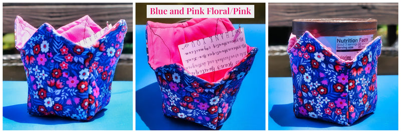 Blue and Pink Flowers for the Reversible Ice Cream Pint Cozies