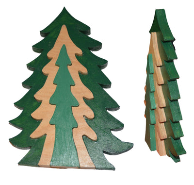 Handmade Wooden Set of 3 Nesting Christmas Trees Decoration shown flat and as a 3D sculpture.