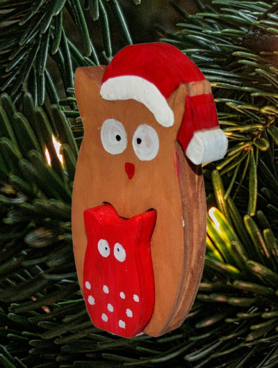 This Handmade Two Nested Wooden Owl Christmas Decoration is only 3" tall.