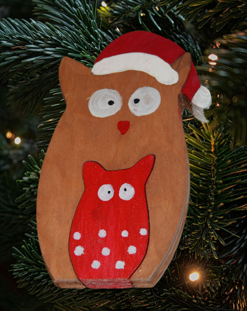 Handmade Two Nested Wooden Christmas Owls Christmas Decoration for Harvest Array